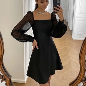 Square Neck Black Mini Dress with Sheer Balloon Sleeves